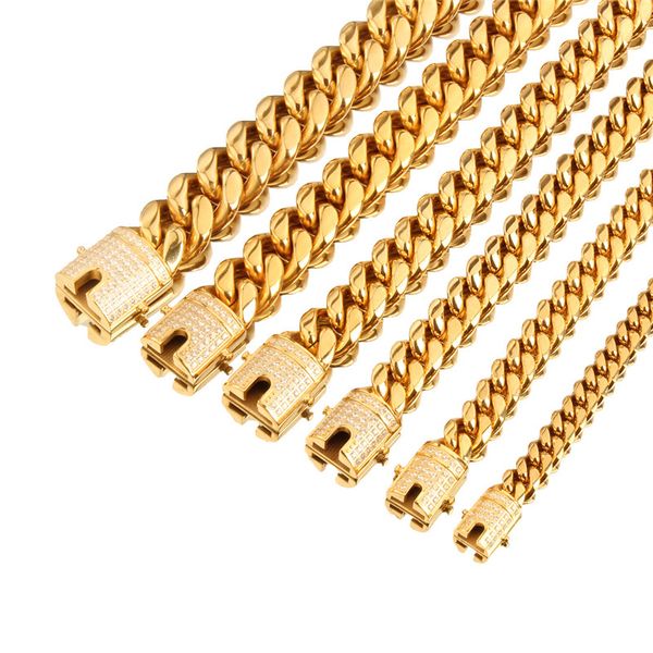 

8/10/12/14/16/18mm 22cm ale men bracelet yellow gold plated cz lock stainless steel miami cuban bracelet chains for men, Black