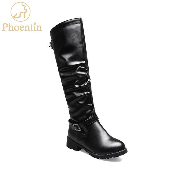 

phoentin 2020 pu leather knee high boots woman side zipper closure flat square heels with buckle large size female shoes ft738, Black