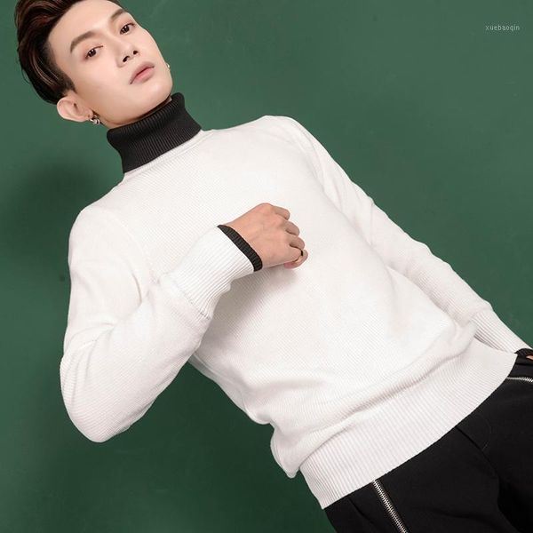 

2019 new autumn men's shirt fashion black-and-white collar bottom sweater men knitted sweater trend warmth stage singer costumes1, White;black