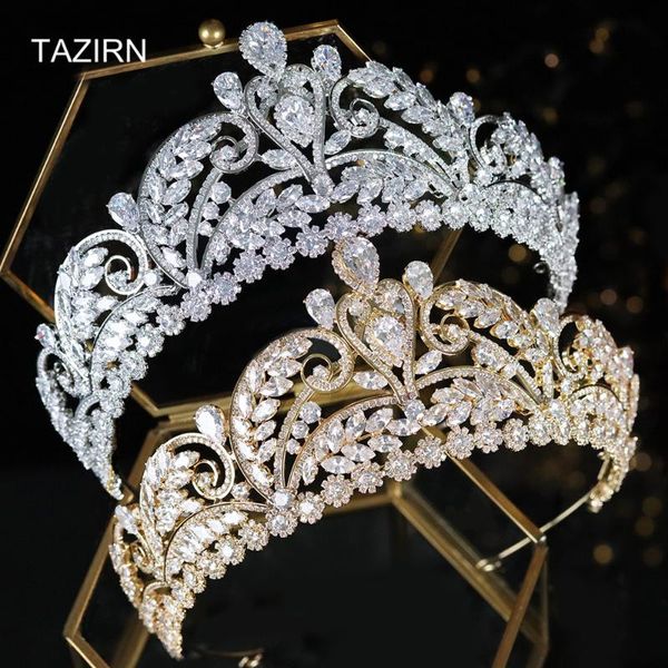 

full cubic zirconia cz tall wedding crown zircon bridal tiaras pageant hair jewelry party headpieces for women fit with dresses, Golden;silver