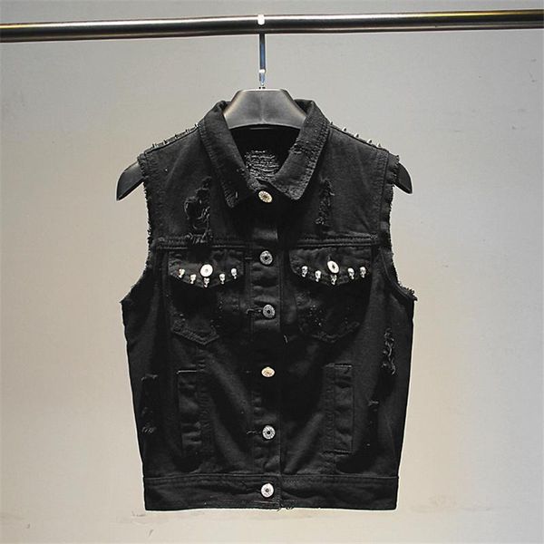 

rivet hole black denim vest for women jeans veste femme casual sleeveless jacket single-breasted pocket female waistcoat white, Black;white