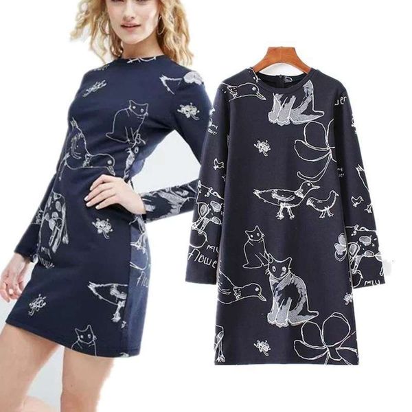 

versatile spring fashion new anime style printed crew neck long sleeve dress short skirt women's wear, Black;gray