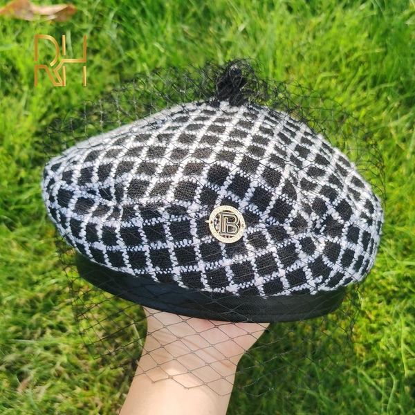 

berets 2021 for women woolen plaid octagonal hat autumn winter vintage painter hats with metal button black rh, Blue;gray
