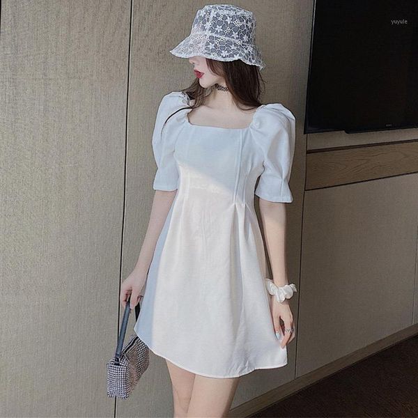 

sweet white puff short sleeve mini dresses women solid square collar tunic dress female summer new fashion clothes vestidos1, White;black