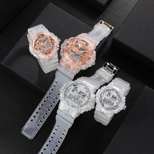 

fashion sports couple creative dual display transparent watches for lovers waterproof auto date couples wrist watch gift, Golden;silver