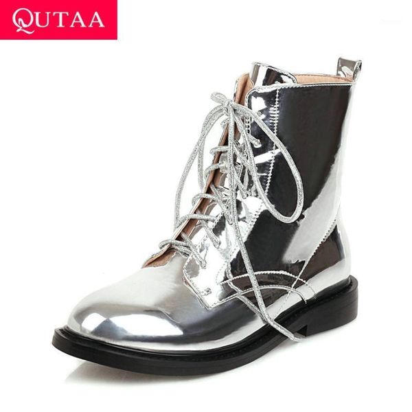 

qutaa 2021 square low heel casual round toe all match ankle boots autumn winter pu leather lace up zipper women shoes size 34-431, Black