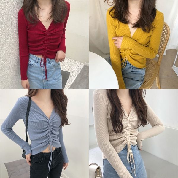 

корейский осенью новый v-образный вырез пригонки с длинным рукавом coatdrawstring трикотажные базовый корейский осенью новый v-образный выре, White;black