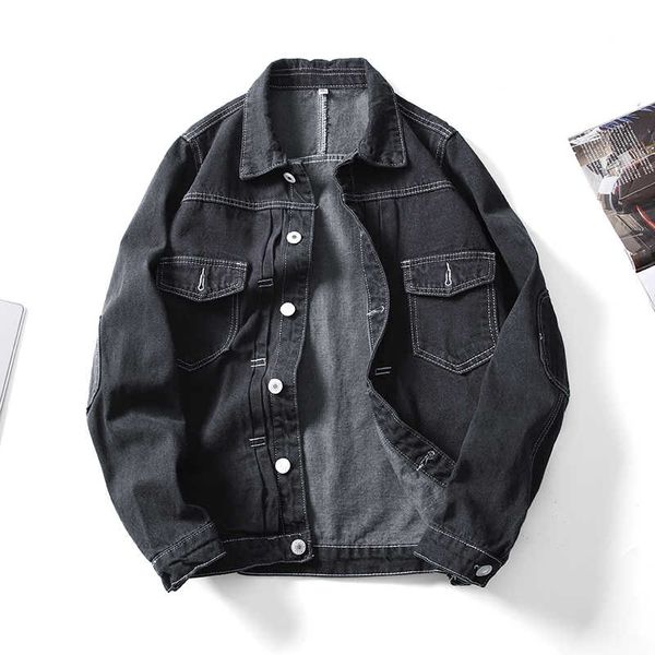 

denim jacket men's slim fashion washed solid color casual retro denim jacket man streetwear wild hip hop bomber male, Black;brown