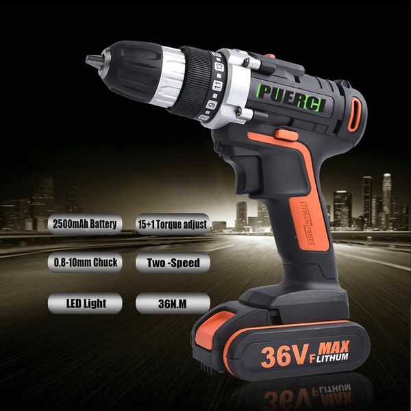 

puerci electric screwdriver cordless drill impact drill power driver 36v max dc lithium ion battery 10mm 2 speed