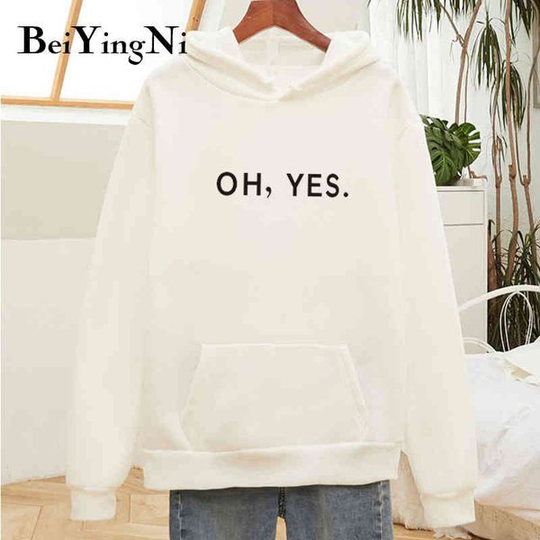 

beiyingni oh yes letters printed oversized sweatshirts womens leisure warm thick fleece hooded hoodies female harajuku s-3xl, Blue;black