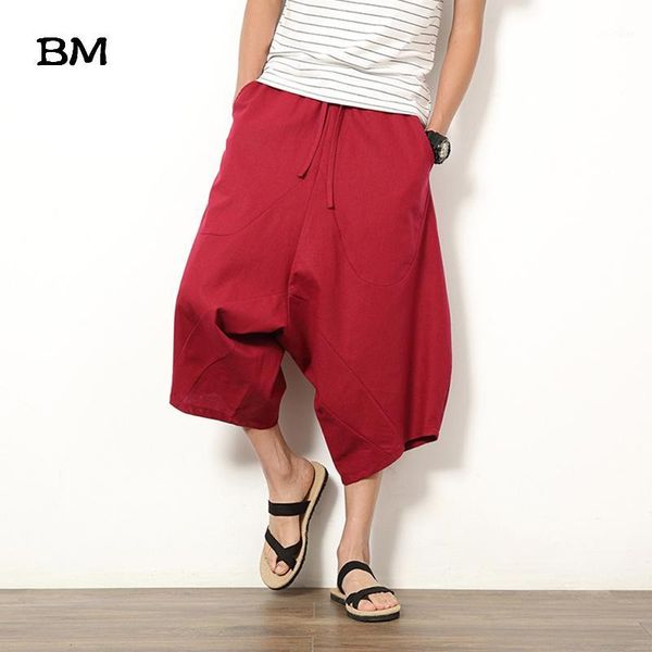 

2020 summer chinese style linen cropped pants men large size loose wide leg pants fashion big crotch harem male 5xl1, Black