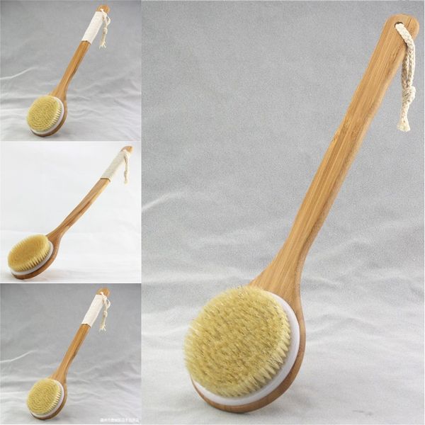 

natural bristle brush long handle wooden scrub skin massage shower body bath brush round head bath brushes bathroom accessories 23 g2