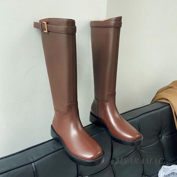 

women's knee high long boots slim fit winter leather shoes ladies black boots flat heel round toe shoes woman botas mujer autumn