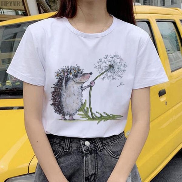 

leisure women's t-shirt hedgehog and dandelion fashion printing t shirt summer harajuku short sleeve female tshirt clothing, White