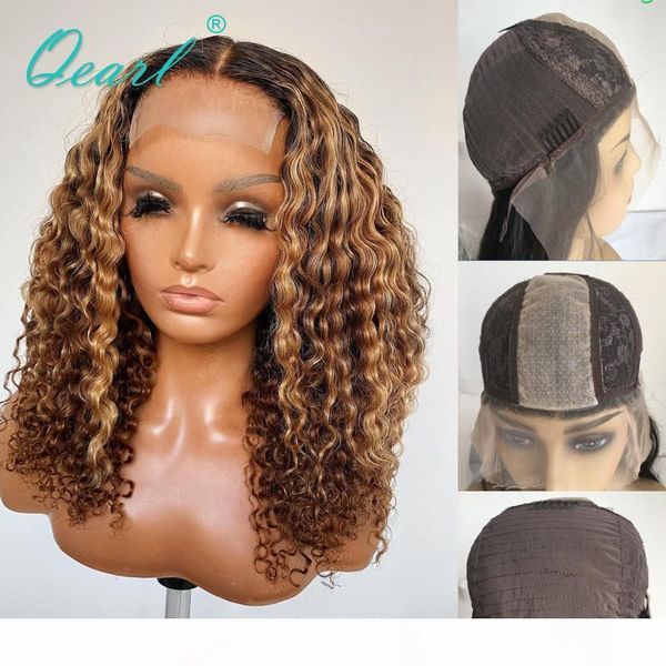 

curly human hair wigs highlights brown blonde silk wig 2x6 malaysian remy hair glueless for women 150% 180% qearl, Black;brown