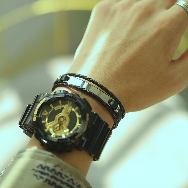 

selling multi-layer woven men's stainless steel leather fashion bracelet personality smooth leather bracelet wcpyo, Golden;silver