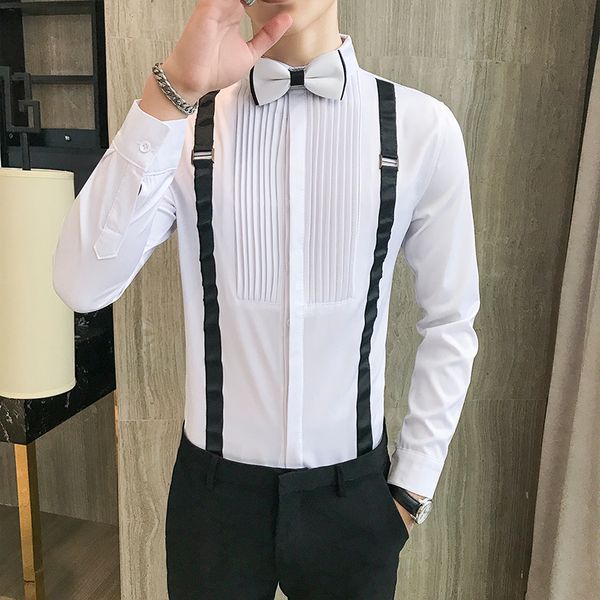 Masculino camisa de smoking e laço de arco peito plissado cinta manga longa magro encaixe vestido de baile blusa preto branco homem branco casamento tops