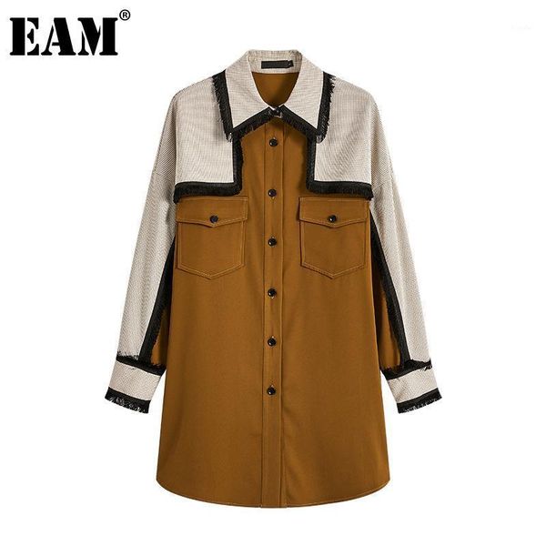 

eam] women khaki split joint big size blouse new lapel long sleeve loose fit shirt fashion tide spring autumn 2020 1z3741, White