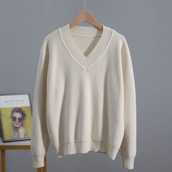 

2021 new v neck women autumn winter basic thick warm knitted jumper femme casual ribbed pullover sweater mx1c, White;black