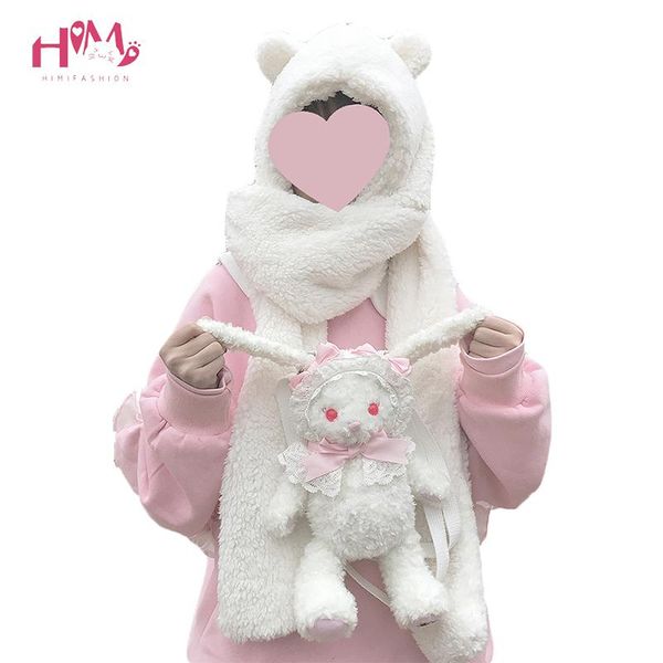 

shawls women warmer winter scarf lovely bear ears soft plush hat hooded scarves fashion fluffy animal cap nice gift for girls, Blue;gray