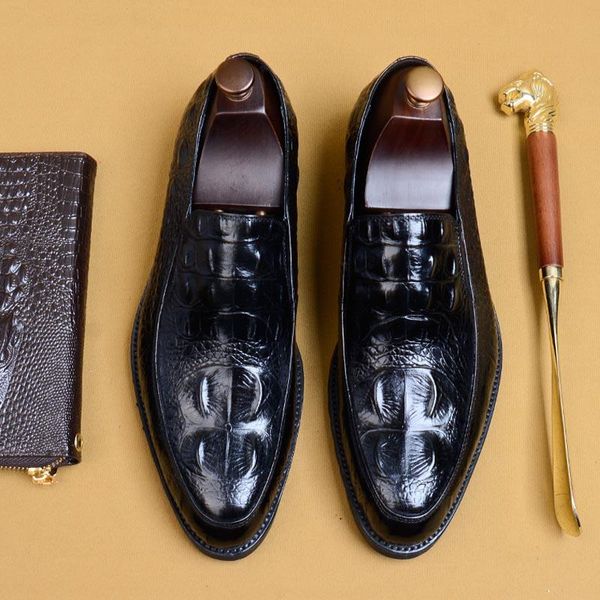 

pointed toe formal shoes man genuine leather oxfords men slip -on italy dress shoes business wedding for male a87, Black