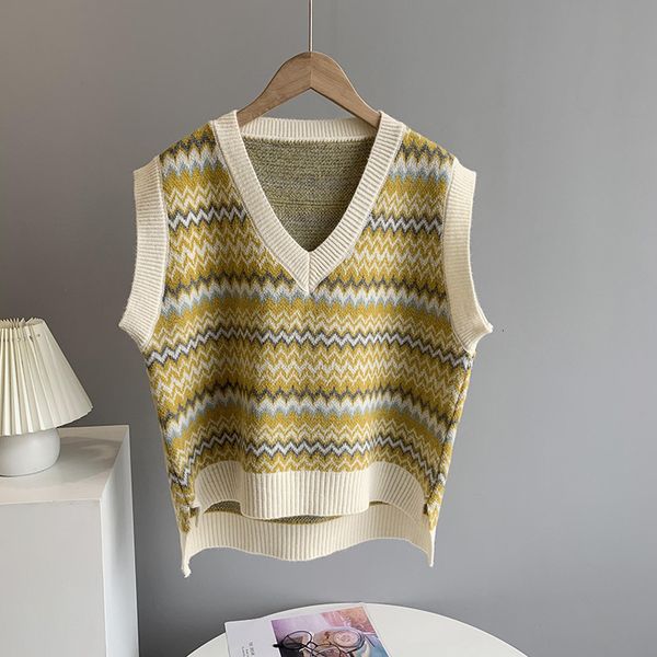 

new 2021 v-neck vest sleeveless knitted vintage striped print all match loose style sweater casual women pullovers kp4e, Black;white