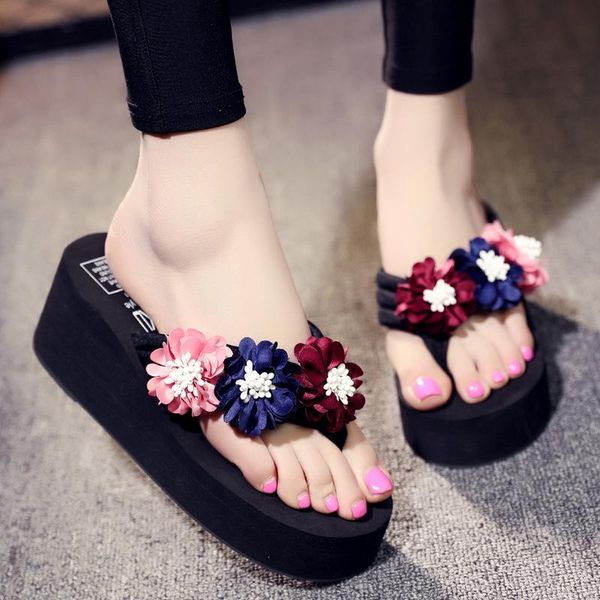 

shoes slippers women summer slides pantofle shale female beach platform flower low rubber flip flops on a wedge flat 2021 sabot, Black