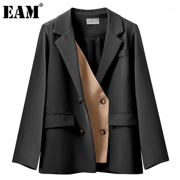 

eam] women contrast color stitch big size blazer new lapel long sleeve loose fit jacket fashion spring autumn 2020 1dc1521, White;black