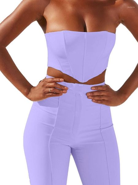

2pcs women solid color outfits strapless tube short + high waist flared pants elegant office ladies street wear1, Gray