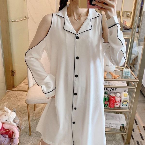 

white v-neck sleepshirt female nightgown mini casual satin sleepwear loose nightdress with buttons kimono bathrobe gown, Black;red