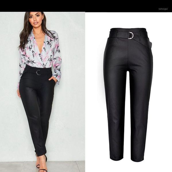 

fashion faux leather denim jeans women 2020 spring autumn elastic high waist pu pants trousers casual belt black female k3501, Blue