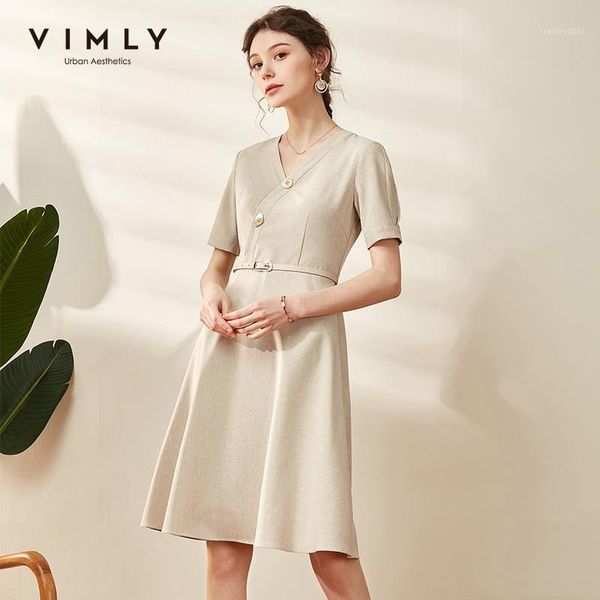 

vimly 2020 summer women v-neck dresses elegant office lady buttons short sleeve solid slim minimalist female dress f11991, Black;gray