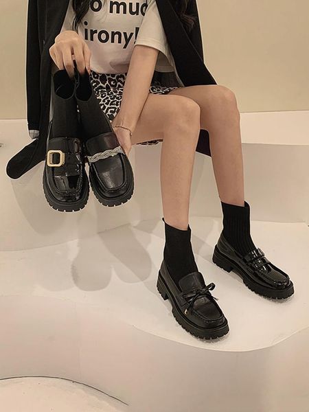 

women's boots 2020 new autumn fashion casual thick heel non-slip leather shoes elastic socks stitching ankle boots, Black