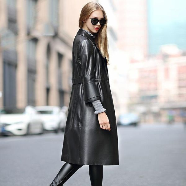 

fashion women long genuine leather jacket winter elegant ladies office work trench coat high-end windbreaker leather overcoat1, Black