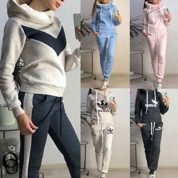 

autumn winter 2 piece set tracksuit women sportwear fleece hoodies pullover sweatshirts baggy trousers jogger pants warm outfits y201128, Gray