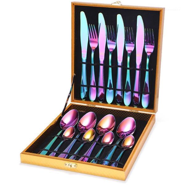 

brandom luxury 16pcs stainless steel cutlery set rainbow bulk silverware set with wooden box1