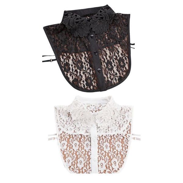 

women blouse sweater round neck fake false collar detachable sheer embroidered floral lace tie button apparel ad jllqty, Blue;red