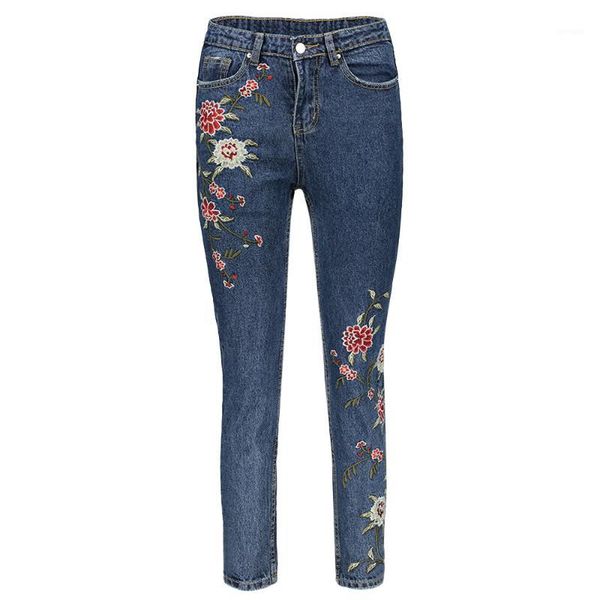 

stylish mid waist floral embroidery pocket button skinny jeans for women1, Blue