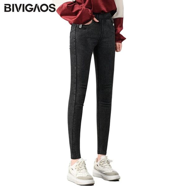 

bivigaos new autumn winter women thick velvet jeans pocket webbing warm pencil pants elastic straight leggings skinny jeggings, Blue