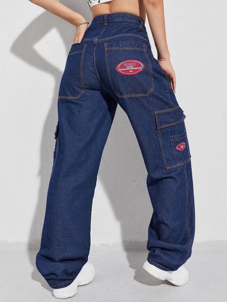 

patched detail flap pocket wide leg jeans k6lg#, Blue