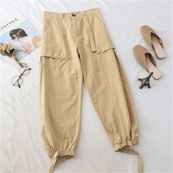 

2021 new autumn new style high-waist tie overalls loose-fitted harem pocket trend nine-point casual pants 5rqp, Black;white