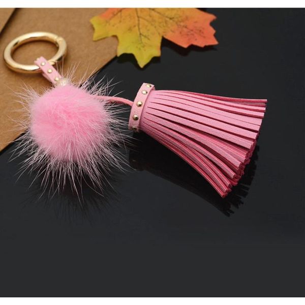 

leather tassels with mink fur ball key chain with one tassels for car keychain bag key ring jewelry eh812 f wmtfvc, Silver