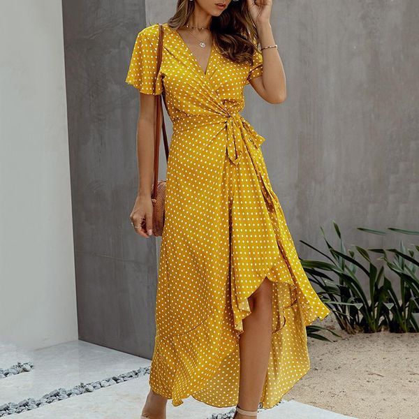 

wave point long dress women irregular ruffle v-neck maxi women dress fashion belt short sleeve print summer dresses cdr1979, Black;gray