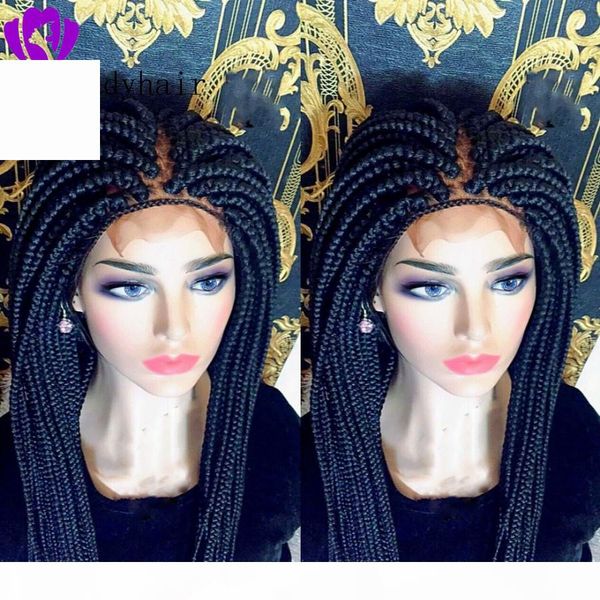 

13*6 braided synthetic lace front wigs for black women heat resistant half hand tied box braids wigs with baby hair, Black;brown