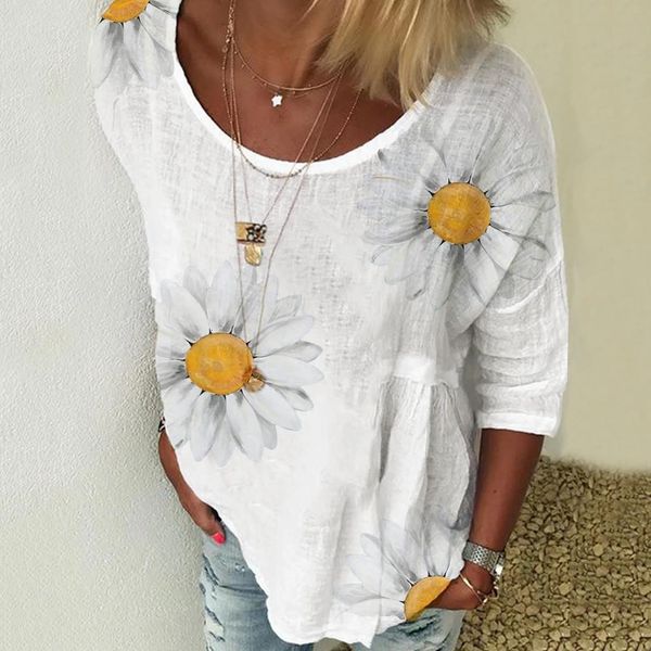 

5xl plus size women white blouses summer casual blouse sunflower printed loose tunic shirt blouse blusas mujer de moda 2020