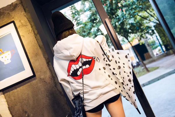 

new crosin men's ch big lips print women's loose hooded pullover for spring and autumn 2019, Black