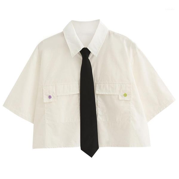 

harajuku street fashion crop women white collar blouse korean style cute black tie front shirts 2020 summer vintage blouses1