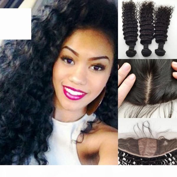 

malaysian deep curly with silk base lace frontal closure 13*4 ear to ear silk 4*4 lace frontal with bundles 4pcs lot, Black