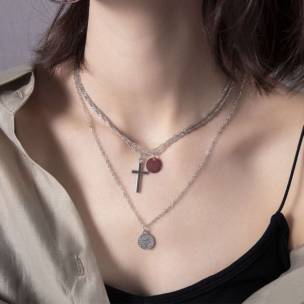 

necklace multi women's hop fashion street hip layer coin clavicle chain geometric crosszsufbbfvubzt, Silver
