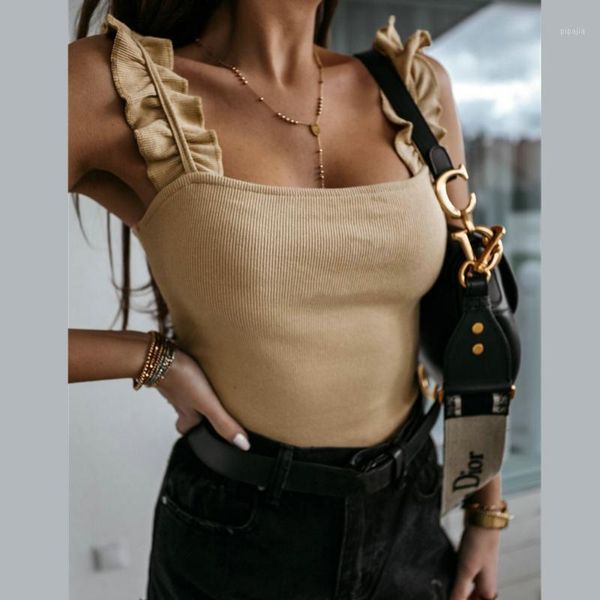 

women camisole casual off shoulder ruffle sling sleeveless skinny female tank summer solid slash neck bodycon vest 1, White